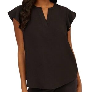 NWT ADRIANNA PAPELL Black Ruffle Cap Sleeve Notch V-Neck  Blouse Size X-Large